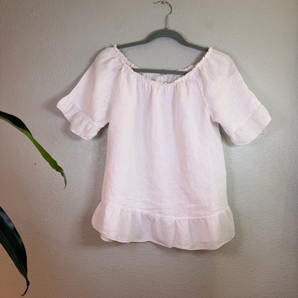 Terzo Millennio Linen Made in Italy Boho Gathered Stretch Neckline Peasant Top M